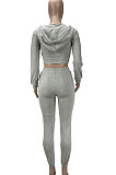 Gray White Euramerican Women Pure Color Fleece Hooded Long Sleeve Pants Sets KXL857-1
