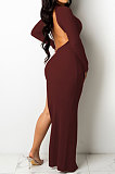 Wine Red Ribber Sexy Long Sleeve V Neck Backless Slim Fitting Solid Color Slit Maxi Dress TRS1176-5