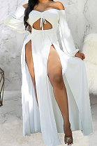White Sexy Wholesale Off Shoulder Long Sleeve Collect Waist Slit  Strapless Dress SMR10305-3