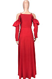 Red Cute Preppy New Ruffle Long Sleeve Off Shoulder V Neck Buttoned Front Collect Waist Swing Long Dress SM9205-3