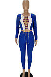 Blue Contrast Color Spliced Long Sleeve Bandage Hollow Out Tops Pencil Pants Sets MN8382-2