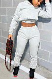 Gray Women Hooded Long Sleeve Fleece Solid Color Bandage Long Pants Sets CSY830-1