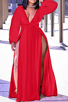 Red Sexy Big Yards Long Sleeve V Collar Slim Fitting Solid Color Slit Dress WA77273-2