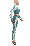 Mint Green Women Flounce Stand Collar Zipper Long Sleeve Pants Sets KXL858-3
