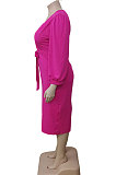 Blue Fashion Big Yards Pure Color Puff Sleeve V Neck Bandage Fat Women Dress WA77249-4