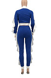 Peacock Blue Women Flounce Stand Collar Zipper Long Sleeve Pants Sets KXL858-2