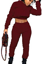 Wine Red Women Hooded Long Sleeve Fleece Solid Color Bandage Long Pants Sets CSY830-5