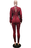 Wine Red Newest Batwing Sleeve V Neck Ruffle Collect Waist Solid Color Bodycon Jumpsuits WY6841-4