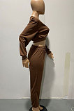 Coffee Women Trendy Casual Solid Color Crop Bodycon Pants Sets AMW8336-3