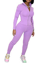 Purple Wholesale Sport Pure Color Long Sleeve Stand Neck Zip Tops Pencil Pants Slim Fitting Two-Piece YSH86268-3