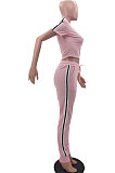 Pink Cotton Blend  Side Strip Short Sleeve Round Neck T-Shirt Long Pants Sets TK6188-4