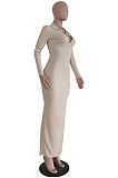 Apricot Ribber Sexy Long Sleeve V Neck Backless Slim Fitting Solid Color Slit Maxi Dress TRS1176-4