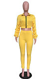 Yellow Autumn Winter Casual Ruffle Sleeve Zip Front Coat Pencil Pants Sport Sets ORY5064-3