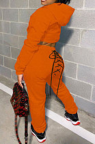 Orange Women Hooded Long Sleeve Fleece Solid Color Bandage Long Pants Sets CSY830-3
