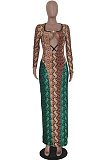 Green Blue Sexy Snakeskin Print Long Sleeve Hollow Out Collect Waist Bodycon Dress TRS1180-2