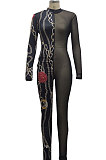 Brown Sexy Mesh Print Long Sleeve V Neck Collect Waist Bodycon Jumpsuits SMR10278-1