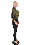 Green Casual Luxe Bandage Long Sleeve Zip Front Elastic Spliced Slim Fitting Jumpsuits YYZ865