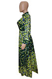 Green Fashion Luxe Print Long Sleeve Hollow Out Zip Back Collect Waist Slit Dress SZS8171-1