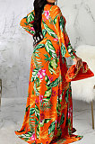 Red Sexy Luxe Digital Print Long Sleeve V Neck Collect Waist Slit Maxi Dress SMR10476-4