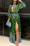 Peacock Blue Fashion Luxe Print Long Sleeve Hollow Out Zip Back Collect Waist Slit Dress SZS8171-2