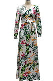 Orange Sexy Luxe Digital Print Long Sleeve V Neck Collect Waist Slit Maxi Dress SMR10476-1