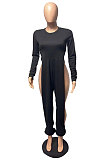 Black Cotton Blend Club Long Sleeve Round Neck Elastic  Hollow Out Solid Color Jumpsuits YYF8248-2