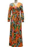 Yellow Sexy Luxe Digital Print Long Sleeve V Neck Collect Waist Slit Maxi Dress SMR10476-5