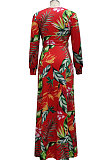 Red Sexy Luxe Digital Print Long Sleeve V Neck Collect Waist Slit Maxi Dress SMR10476-4