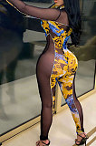 Blue Yellow Sexy Club Print Mesh Spliced Long Sleeve Round Neck Elastic Bodycon Jumpsuits SMR10450-2