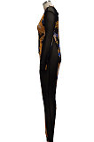 Blue Yellow Sexy Club Print Mesh Spliced Long Sleeve Round Neck Elastic Bodycon Jumpsuits SMR10450-2