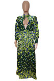 Green Fashion Luxe Print Long Sleeve Hollow Out Zip Back Collect Waist Slit Dress SZS8171-1
