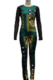 Green Sexy Club Print Mesh Spliced Long Sleeve Round Neck Elastic Bodycon Jumpsuits SMR10450-1