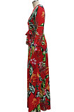Drak Blue Sexy Luxe Digital Print Long Sleeve V Neck Collect Waist Slit Maxi Dress SMR10476-2