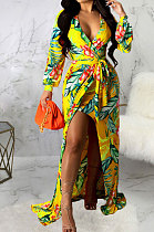 Yellow Sexy Luxe Digital Print Long Sleeve V Neck Collect Waist Slit Maxi Dress SMR10476-5