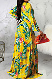 Orange Sexy Luxe Digital Print Long Sleeve V Neck Collect Waist Slit Maxi Dress SMR10476-1