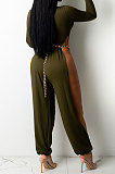 Army Green Cotton Blend Club Long Sleeve Round Neck Elastic  Hollow Out Solid Color Jumpsuits YYF8248-5