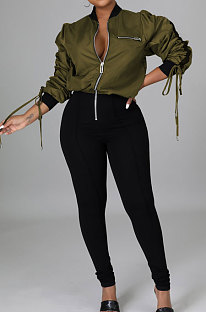Green Casual Luxe Bandage Long Sleeve Zip Front Elastic Spliced Slim Fitting Jumpsuits YYZ865
