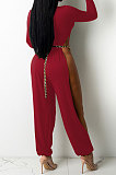 Red Cotton Blend Club Long Sleeve Round Neck Elastic  Hollow Out Solid Color Jumpsuits YYF8248-3