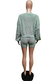 Orange Cute Simple Long Sleeve V Neck Cardigan Tops Shorts Solid Color Sweater Sets F88393-2