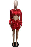 Red Sexy Wholesale Long Sleeve Cardigan Crop Waist Ruffle Wrap Dress F88396-3