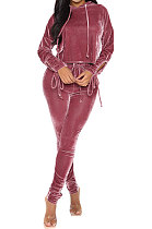 Wine Red Winter Velvet Long Sleeve Hoodie Drawsting Ruffle Pants Two-Piece ZNN9112-2