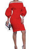 Wine Red Euramerican Women Pure Color Off Shoulder Sexy Lantern Sleeve Mid Waist Mini Dress R6129-4