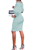 Coffee Euramerican Women Pure Color Off Shoulder Sexy Lantern Sleeve Mid Waist Mini Dress R6129-11