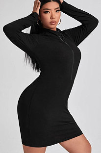 Black Casual Ribber Zipper Pure Color Long Sleeve Tight Mid Waist Plus Mini Dress PH13260-3