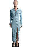Sky Blue Ribber Pure Color Long Sleeve Lapel Neck Button Front  Slim Fitting Slit Dress JG059-1