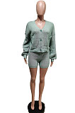 Green Cute Simple Long Sleeve V Neck Cardigan Tops Shorts Solid Color Sweater Sets F88393-1