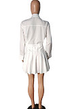 White Women Fashion Sexy Long Sleeve Turn-Down Collar Solid Color Ruffle Mini Dress R6446