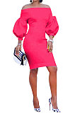 Red Euramerican Women Pure Color Off Shoulder Sexy Lantern Sleeve Mid Waist Mini Dress R6129-3