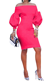 Rose Red Euramerican Women Pure Color Off Shoulder Sexy Lantern Sleeve Mid Waist Mini Dress R6129-8
