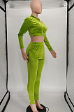 Neon Green Euramerican Women Pleuche Solid Color Casual Crop Zipper Pants Sets SMY81119
